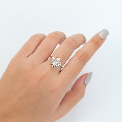 0.9 CT Marquise Shaped Moissanite Engagement Ring In Cluster Design