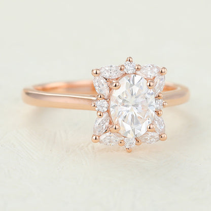 0.84 CT Oval Shaped Moissanite Engagement Ring In Cluster Design