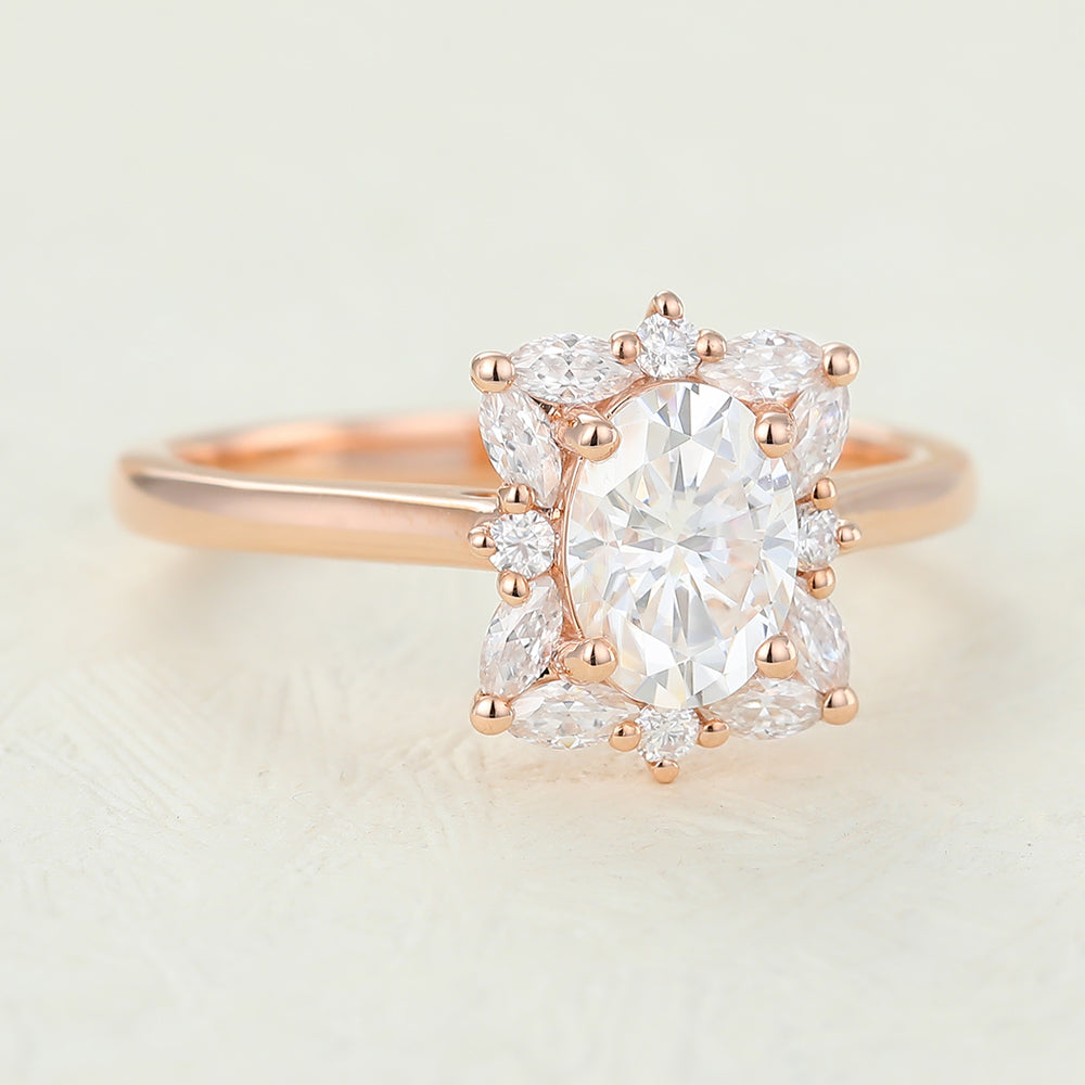 0.84 CT Oval Cluster Moissanite Engagement Ring