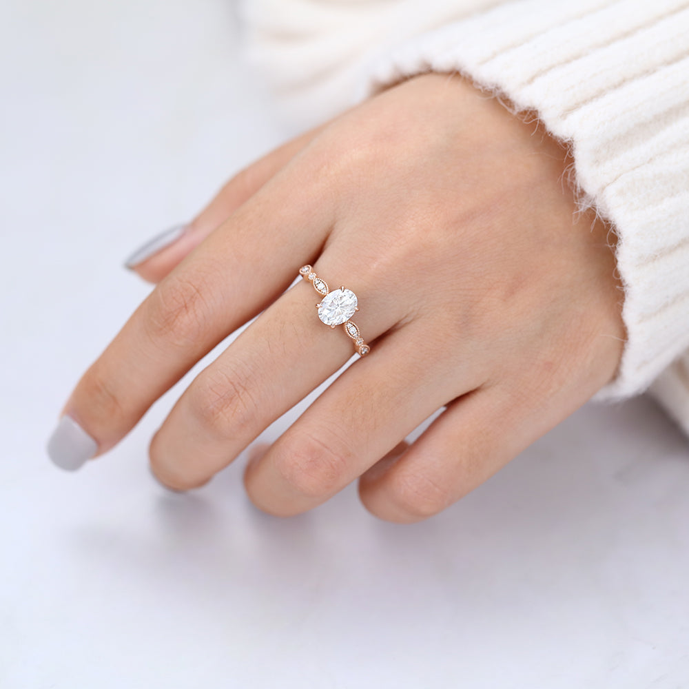 1.33 CT Oval Milgrain Pave Moissanite Engagement Ring