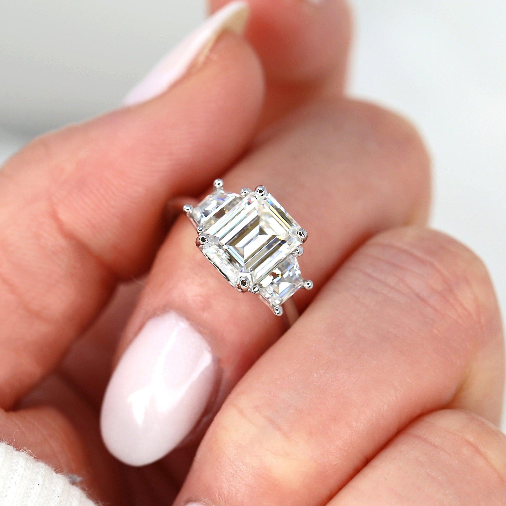 3.6 CT Emerald Three Stone Moissanite Engagement Ring