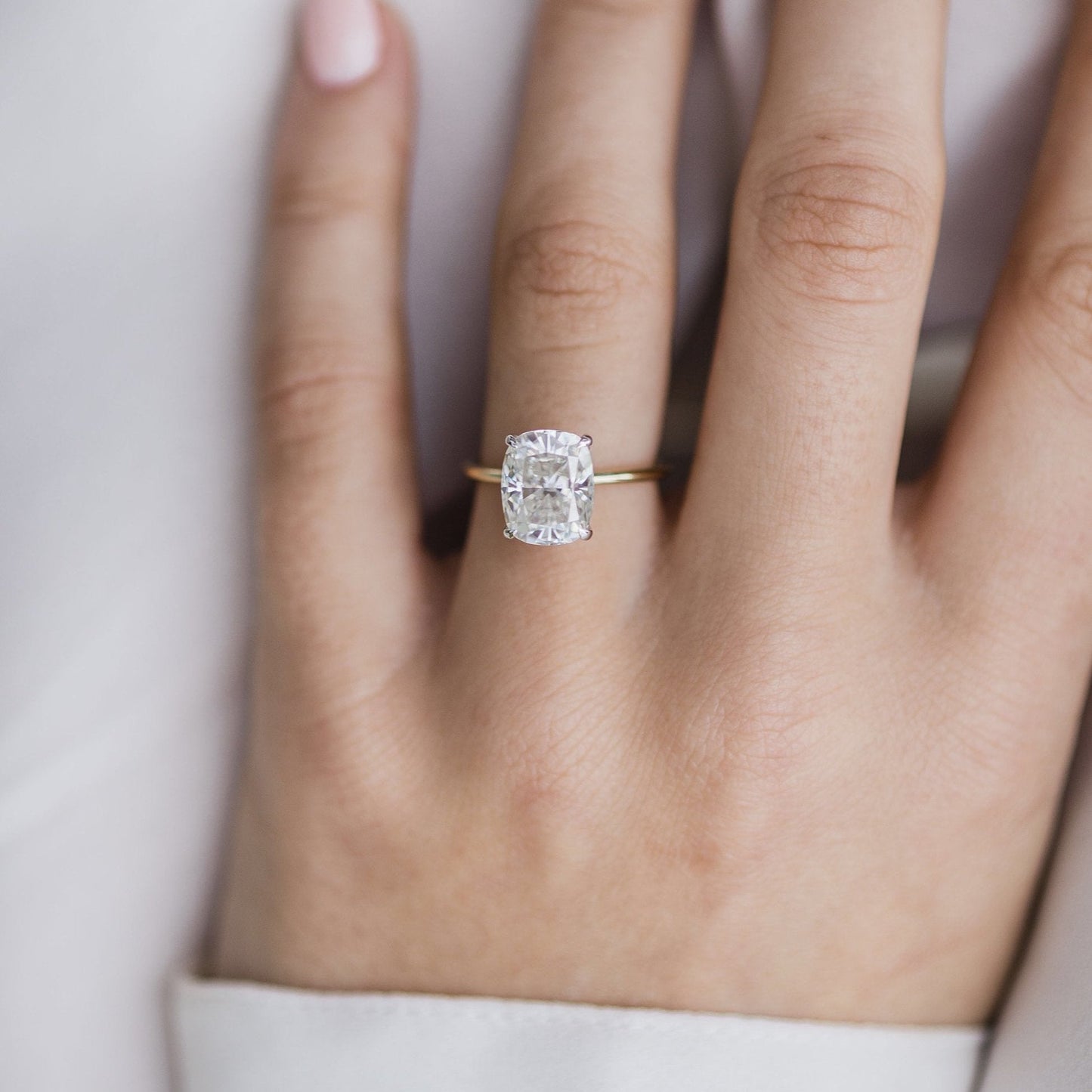3.2 CT Elongated Cushion Hidden Halo Moissanite Engagement Ring