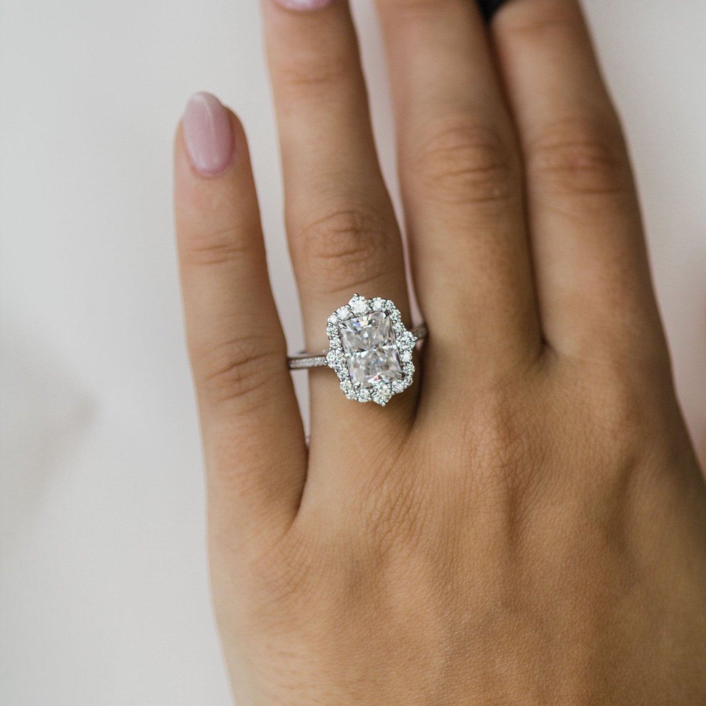 3.4 CT Radiant Halo & Pave Moissanite Engagement Ring