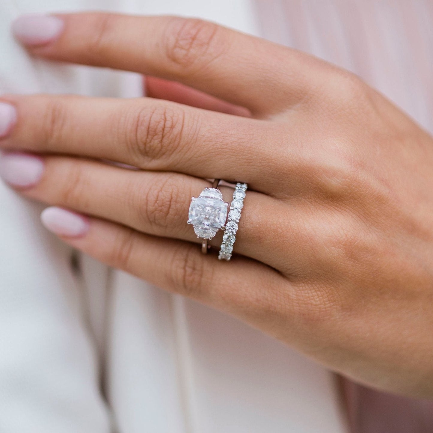 2.5 CT Elongated Cushion Three Stone Moissanite Engagement Ring