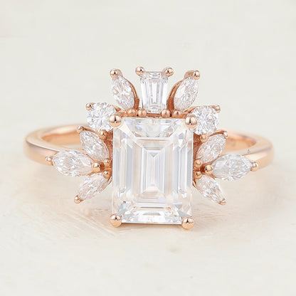 1.6 CT Emerald Shaped Moissanite Engagement Ring In Cluster Design