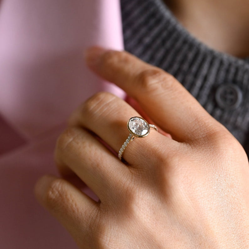 2.0 CT Oval Bezel & Pave Moissanite Engagement Ring