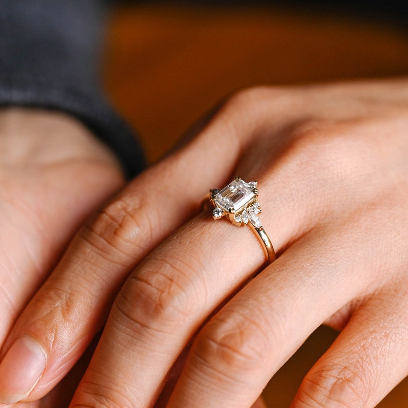 2.0 CT Emerald Cluster Moissanite Engagement Ring