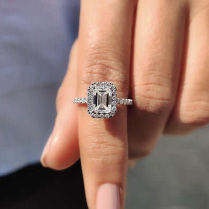 1 CT Emerald Halo & Pave Moissanite Engagement Ring