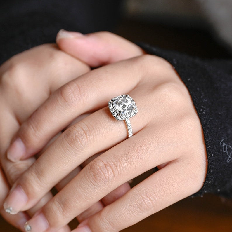 2.0 CT Cushion Pave & Halo Moissanite Engagement Ring