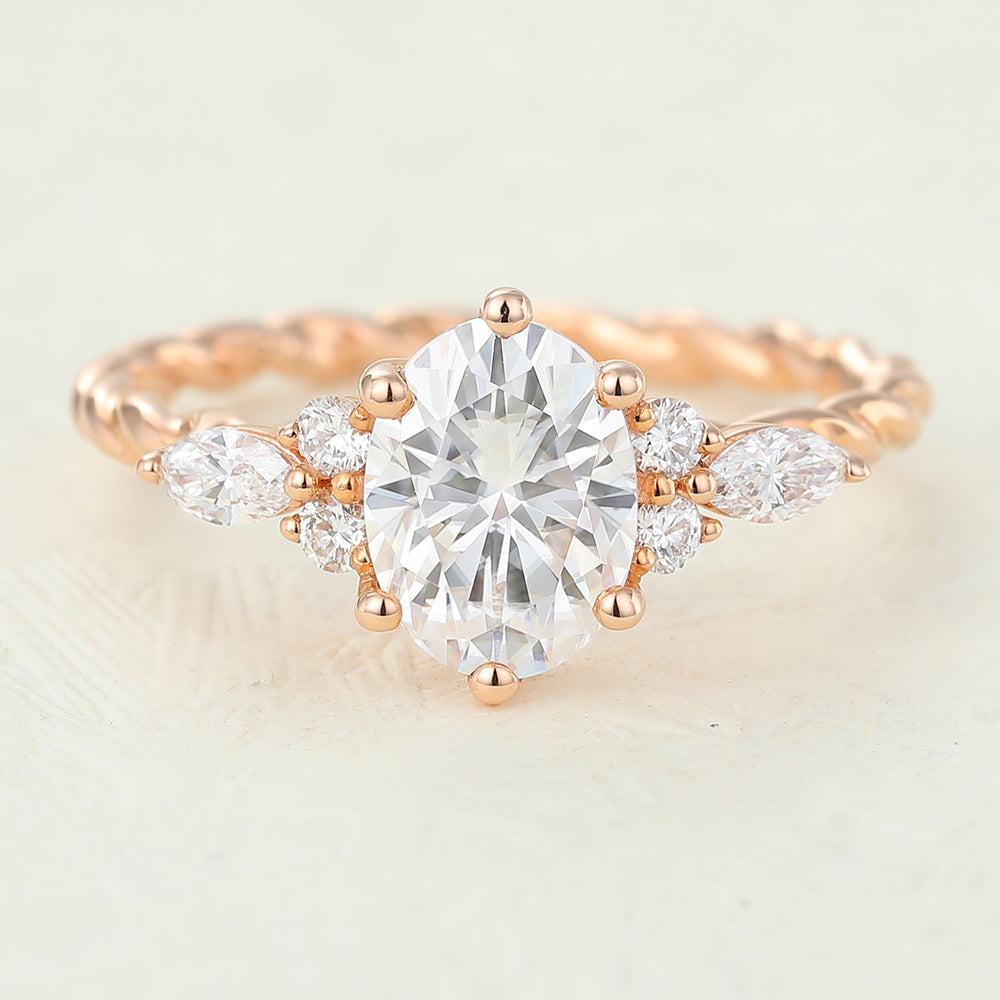 1.33 CT Oval Cluster Twisted Shank Moissanite Engagement Ring