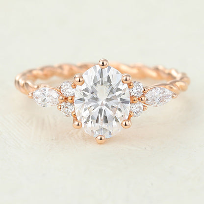 1.33 CT Oval Cluster Twisted Shank Moissanite Engagement Ring