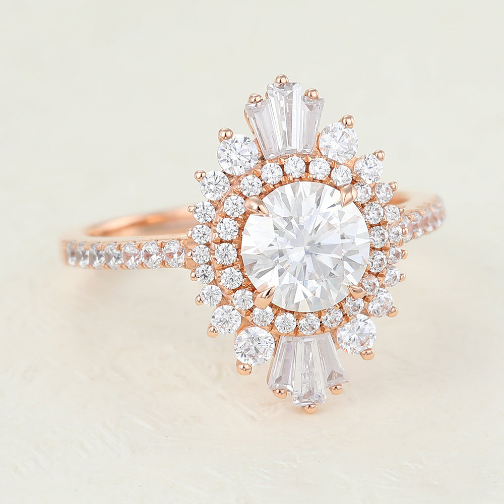 0.88 CT Round Shaped Moissanite Engagement Ring In Cluster Halo Design