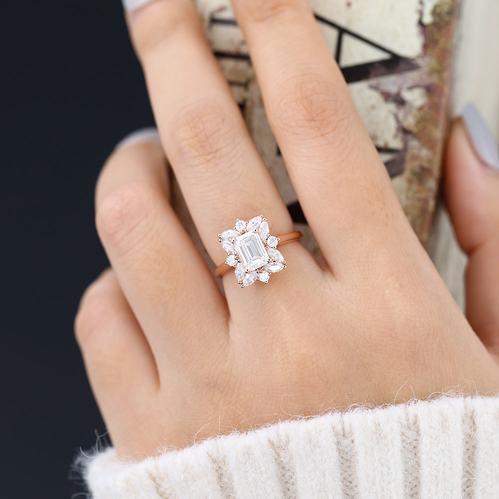 0.92 CT Emerald Shaped Moissanite Engagement Ring In Cluster Design