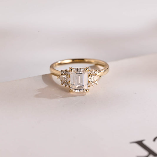 2.0 CT Emerald Cluster Moissanite Engagement Ring