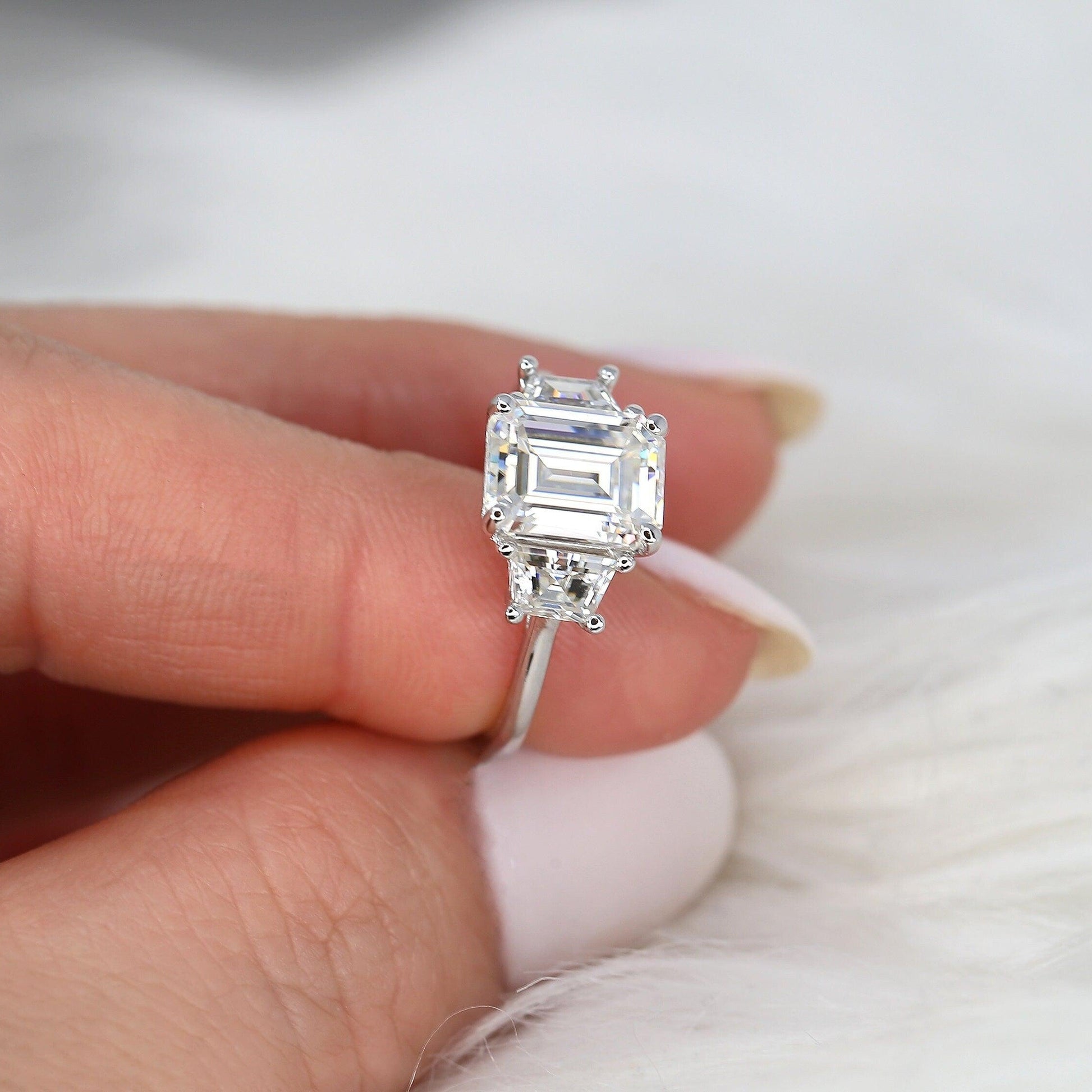 3.6 CT Emerald Three Stone Moissanite Engagement Ring