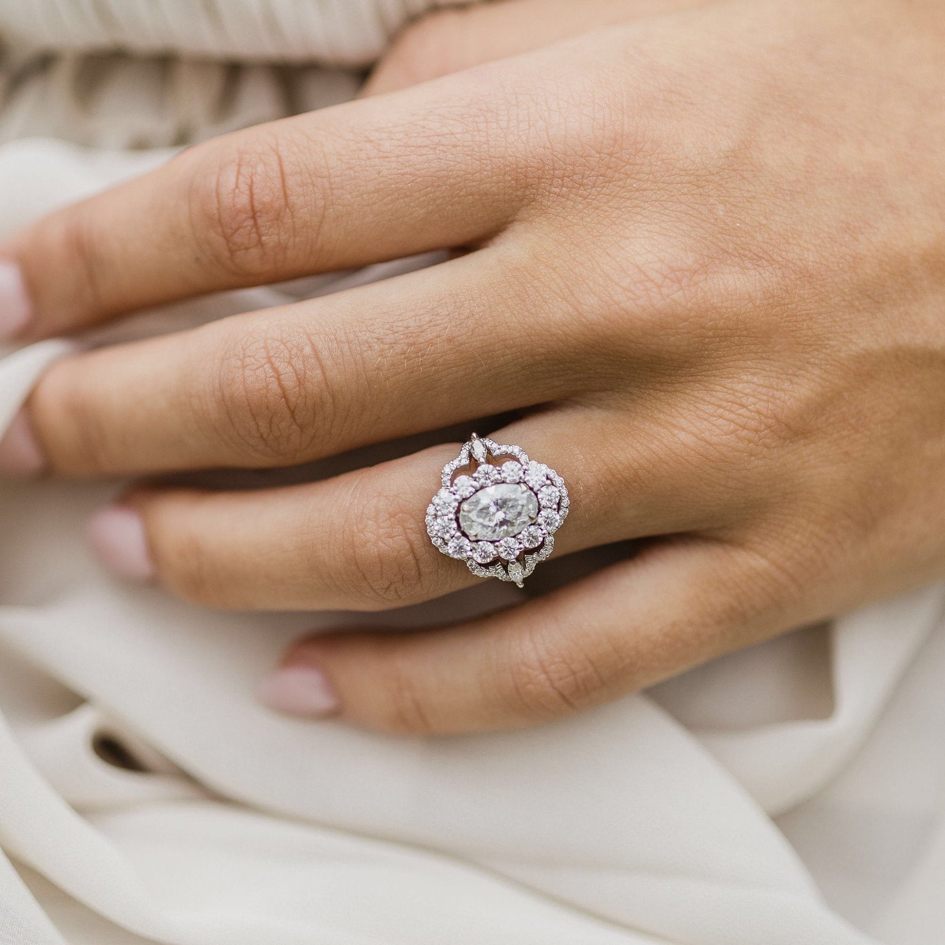 1.85 CT Oval Cluster Moissanite Engagement Ring
