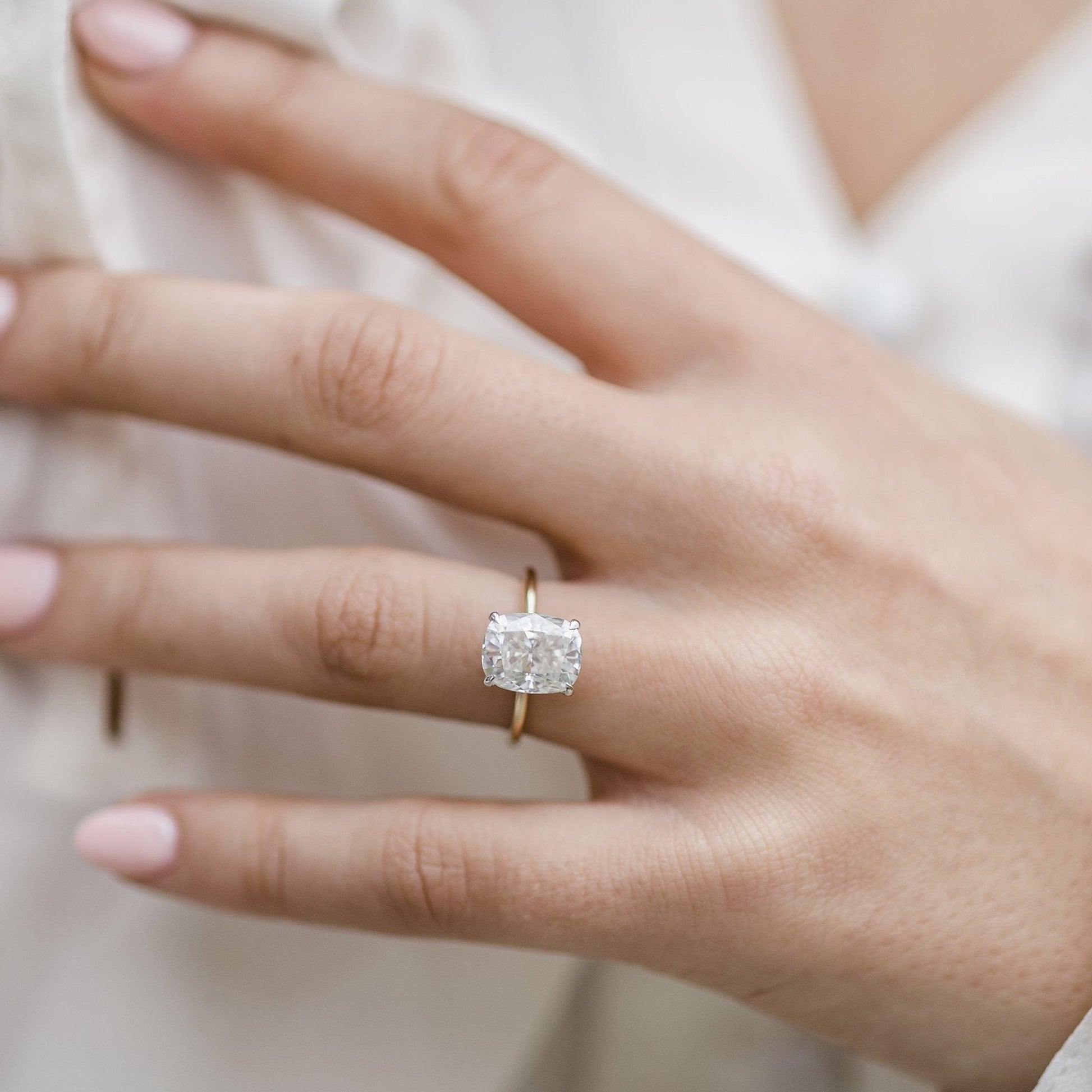 3.2 CT Elongated Cushion Hidden Halo Moissanite Engagement Ring