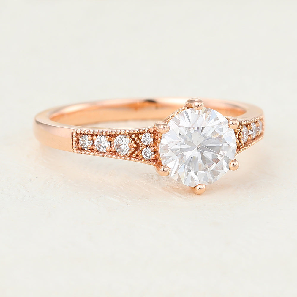 0.88 CT Round Shaped Moissanite Engagement Ring In Pave Design