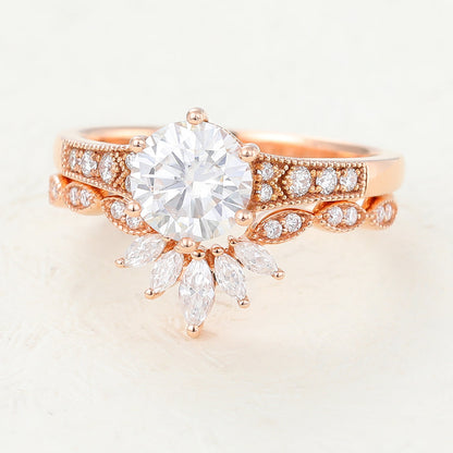 1 CT Round Vintage Pave Moissanite Bridal Set