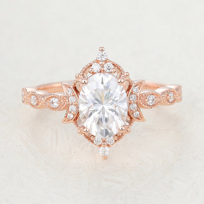 1.33 CT Oval Vintage Cluster & Pave Moissanite Engagement Ring