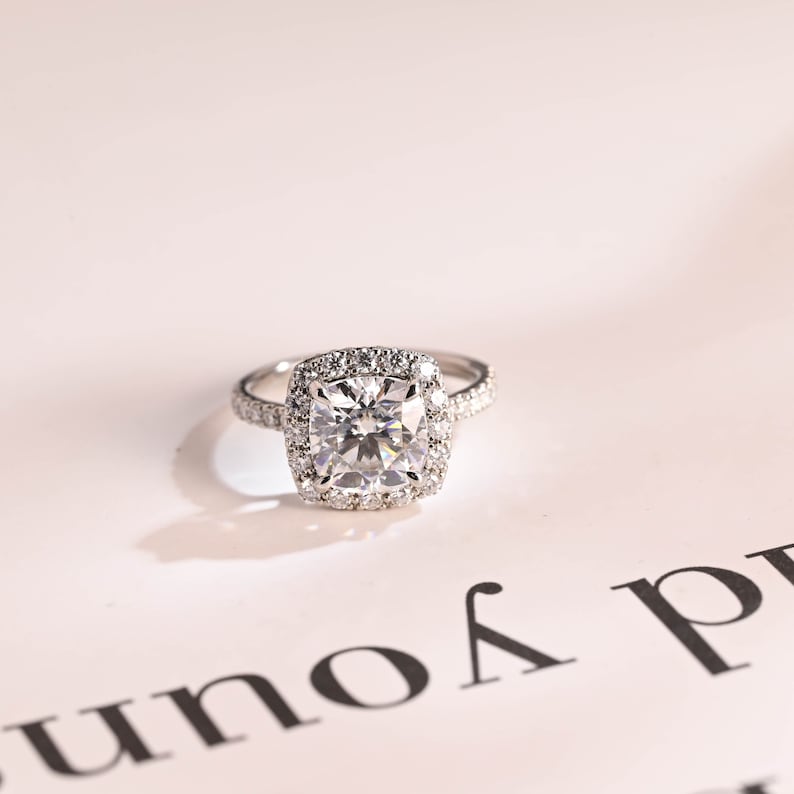 2.0 CT Cushion Pave & Halo Moissanite Engagement Ring