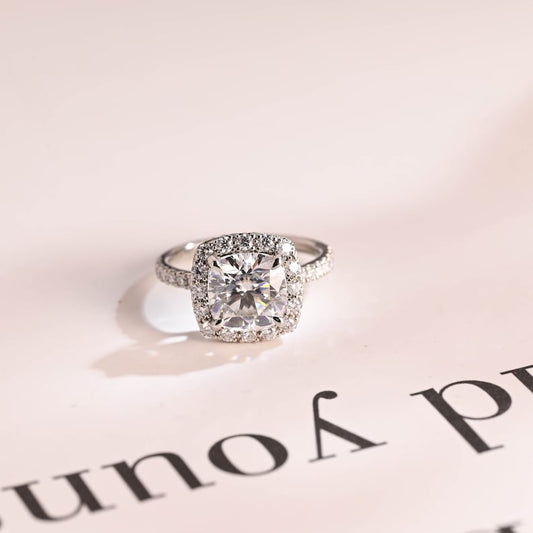 2.0 CT Cushion Pave & Halo Moissanite Engagement Ring