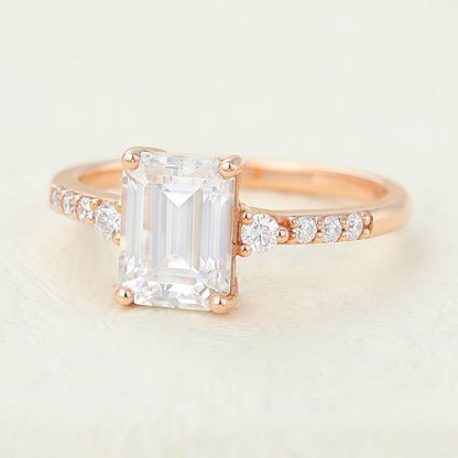 1.6 CT Emerald Shaped Moissanite Engagement Ring In Three Stone Design
