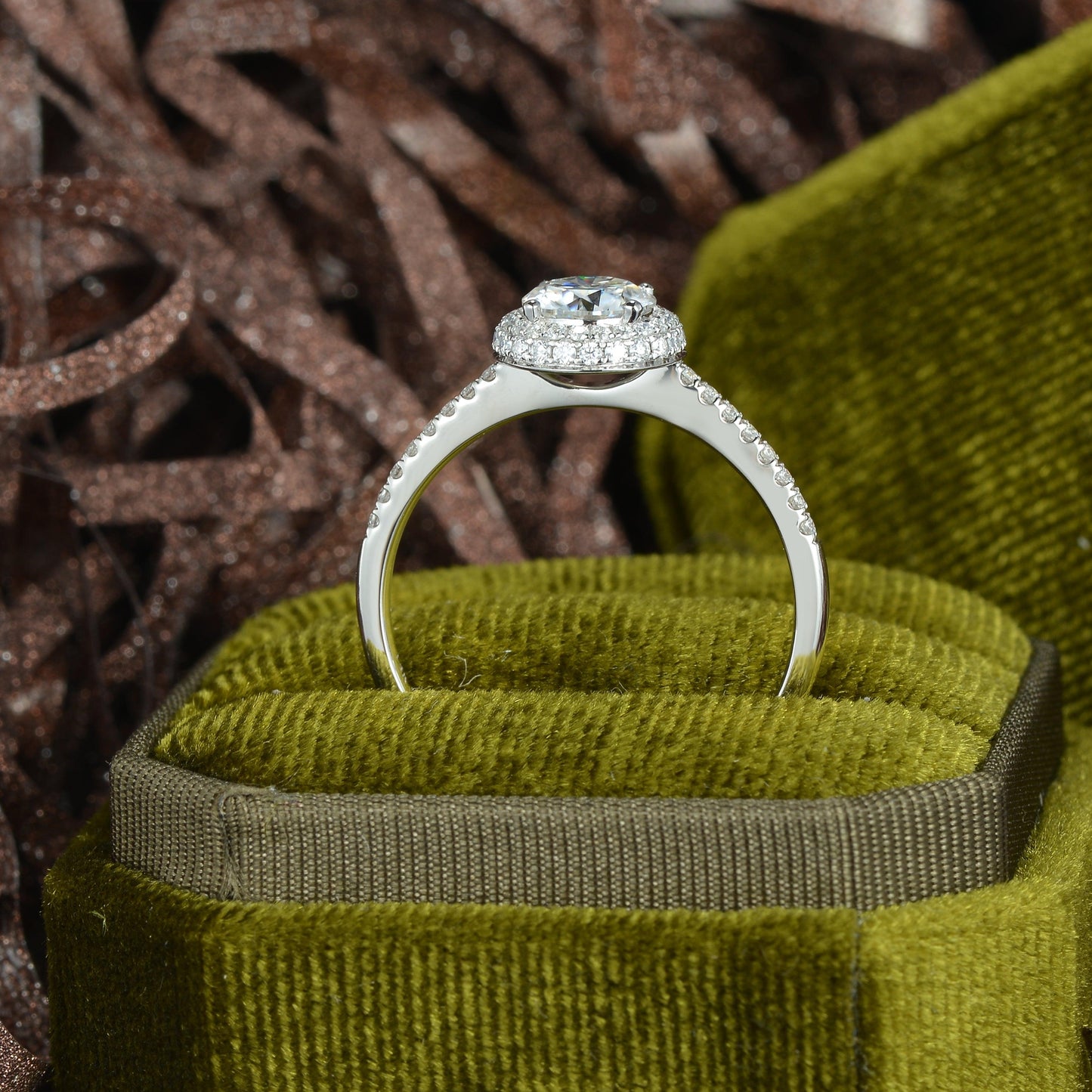 1 CT Round Pave & Halo Moissanite Engagement Ring