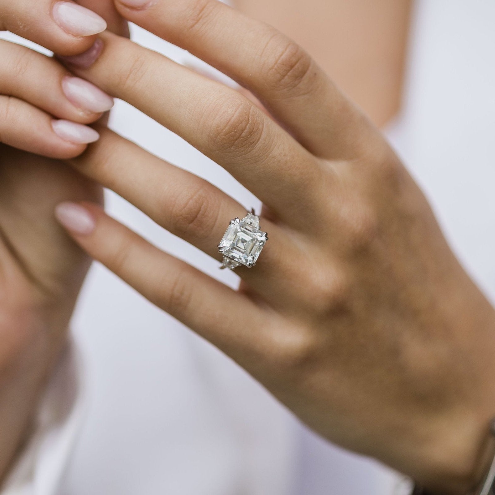 4.1 CT Asscher Three Stone Moissanite Engagement Ring