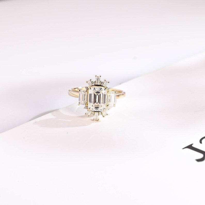 2.0 CT Emerald Cluster Moissanite Engagement Ring