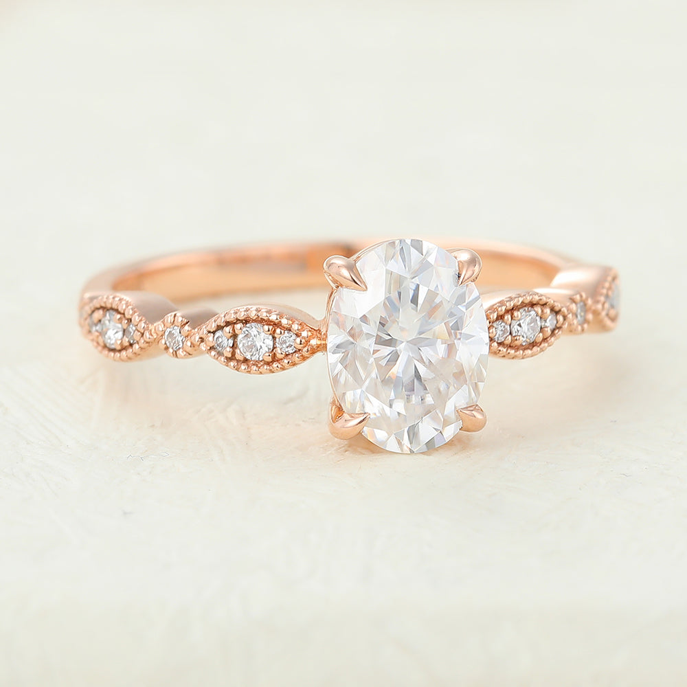 1.33 CT Oval Milgrain Pave Moissanite Engagement Ring
