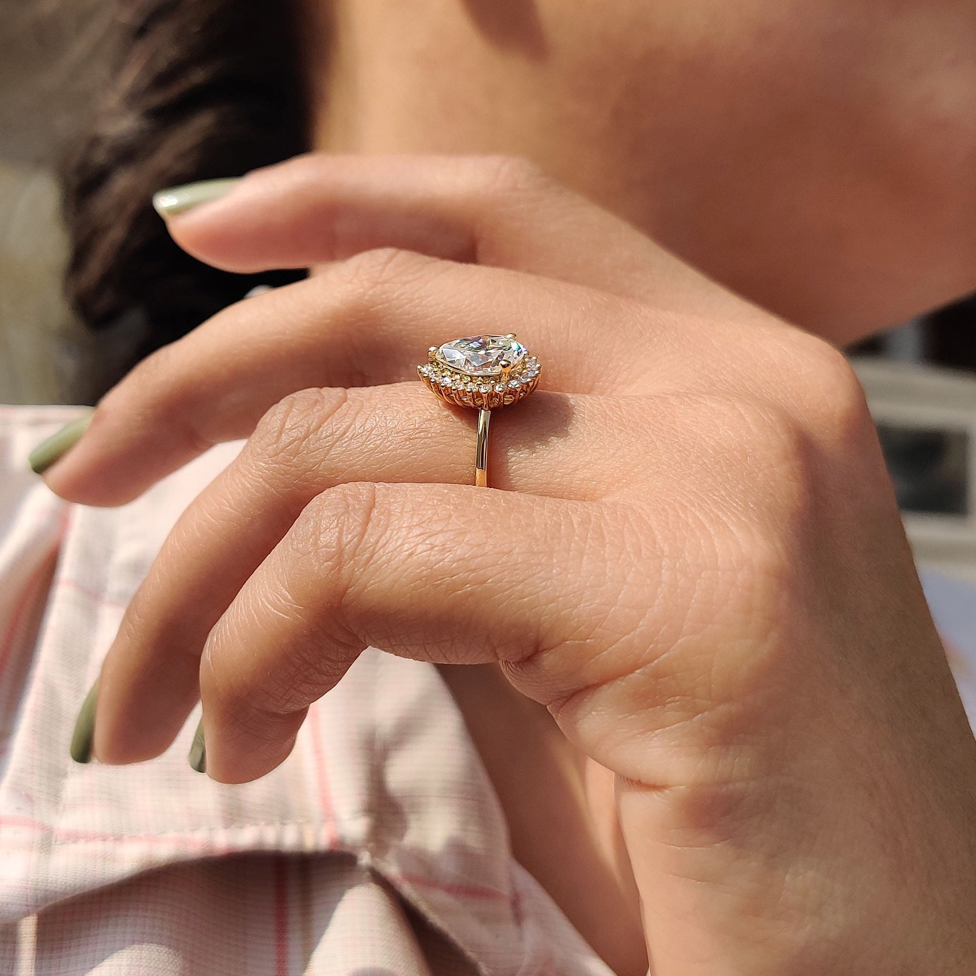 1.51 CT Pear Halo Moissanite Engagement Ring