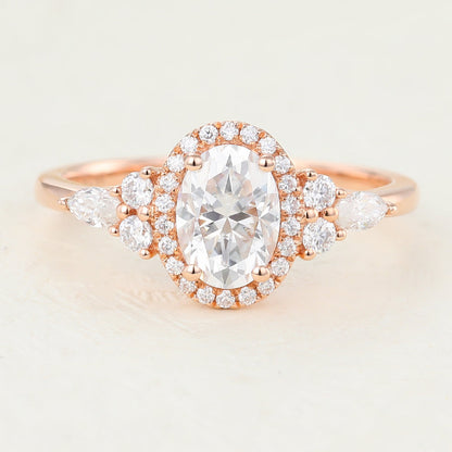 0.84 CT Oval Shaped Moissanite Engagement Ring In Cluster Design