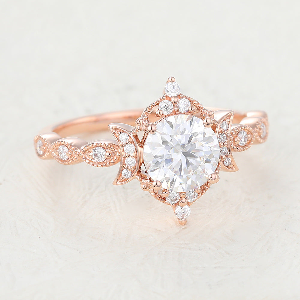 0.9 CT Round Shaped Moissanite Engagement Ring In Cluster Design