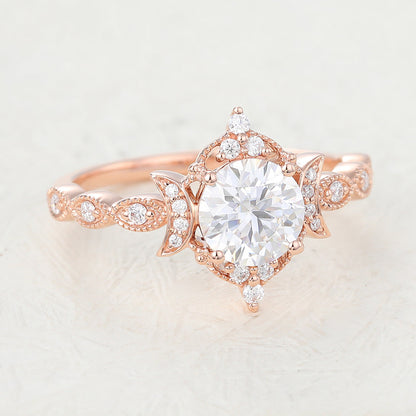 0.9 CT Round Shaped Moissanite Engagement Ring In Cluster Design