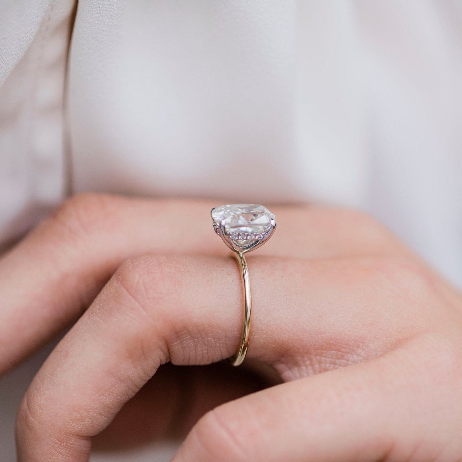 3.2 CT Elongated Cushion Hidden Halo Moissanite Engagement Ring