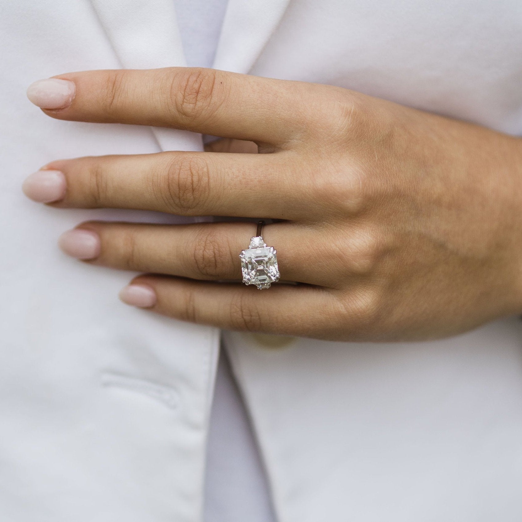 4.1 CT Asscher Three Stone Moissanite Engagement Ring