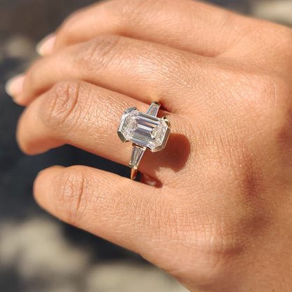 2.96 CT Emerald Half Bezel Three Stone Moissanite Engagement Ring