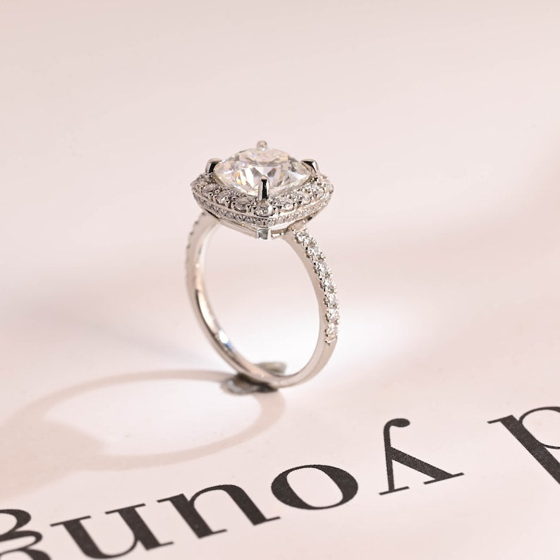 2.0 CT Cushion Pave & Halo Moissanite Engagement Ring