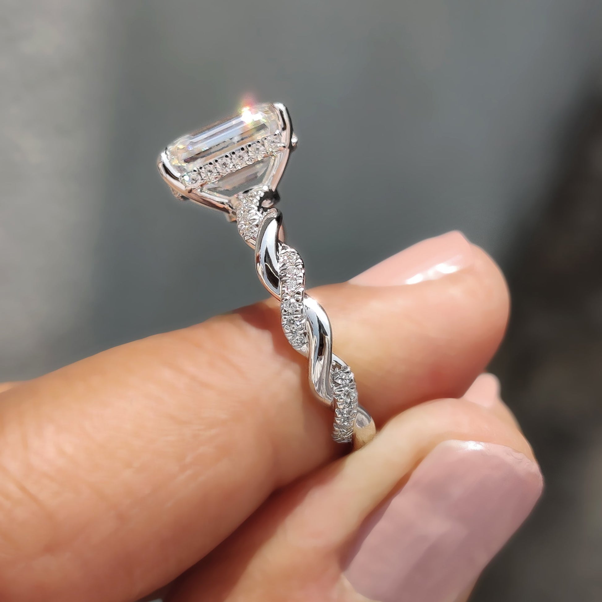 2.50 CT Emerald Twisted Pave Moissanite Engagement Ring