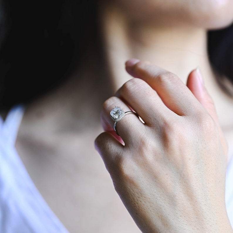 2.0 CT Elongated Cushion Halo Moissanite Engagement Ring