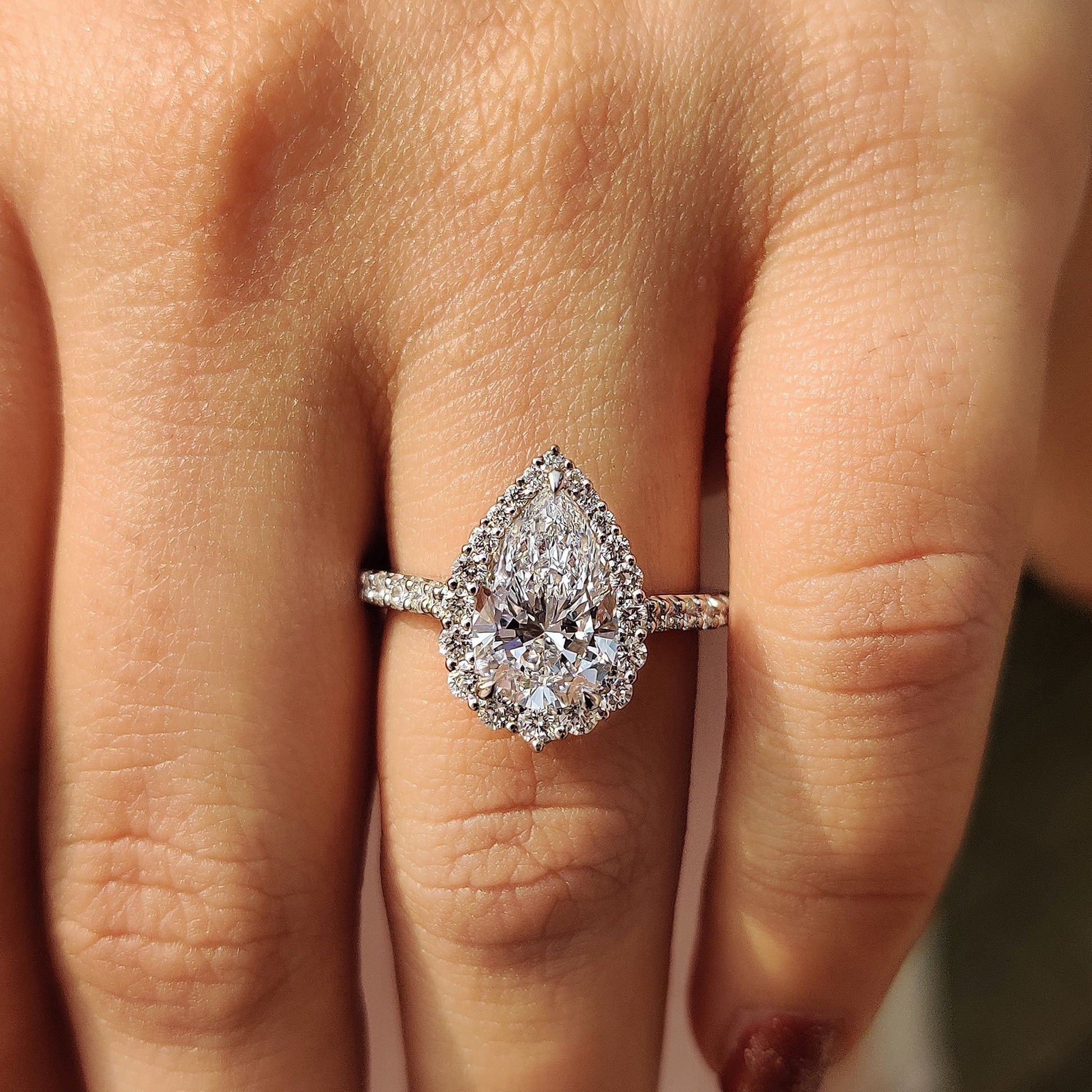2 CT Pear Halo & Pave Moissanite Engagement Ring
