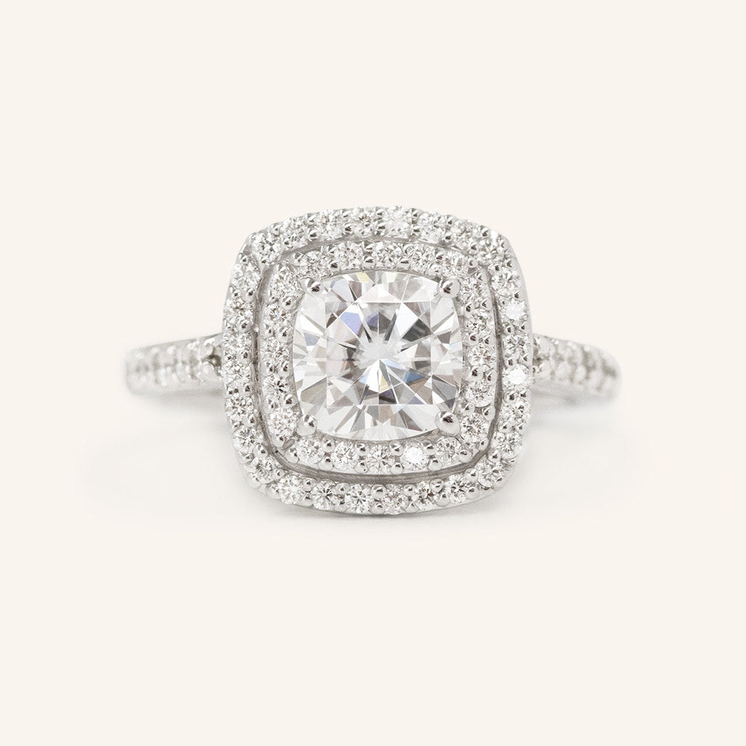 1.49 CT Cushion Double & Halo Pave Moissanite Engagement Ring