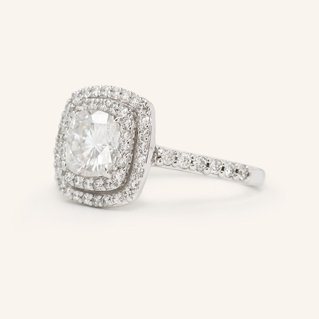 1.49 CT Cushion Double & Halo Pave Moissanite Engagement Ring