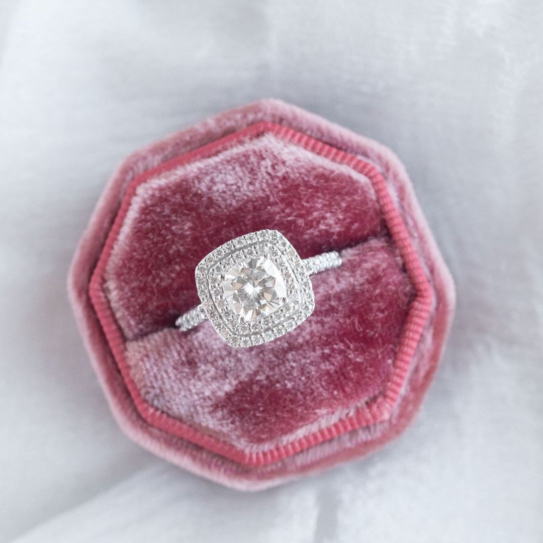 1.49 CT Cushion Double & Halo Pave Moissanite Engagement Ring