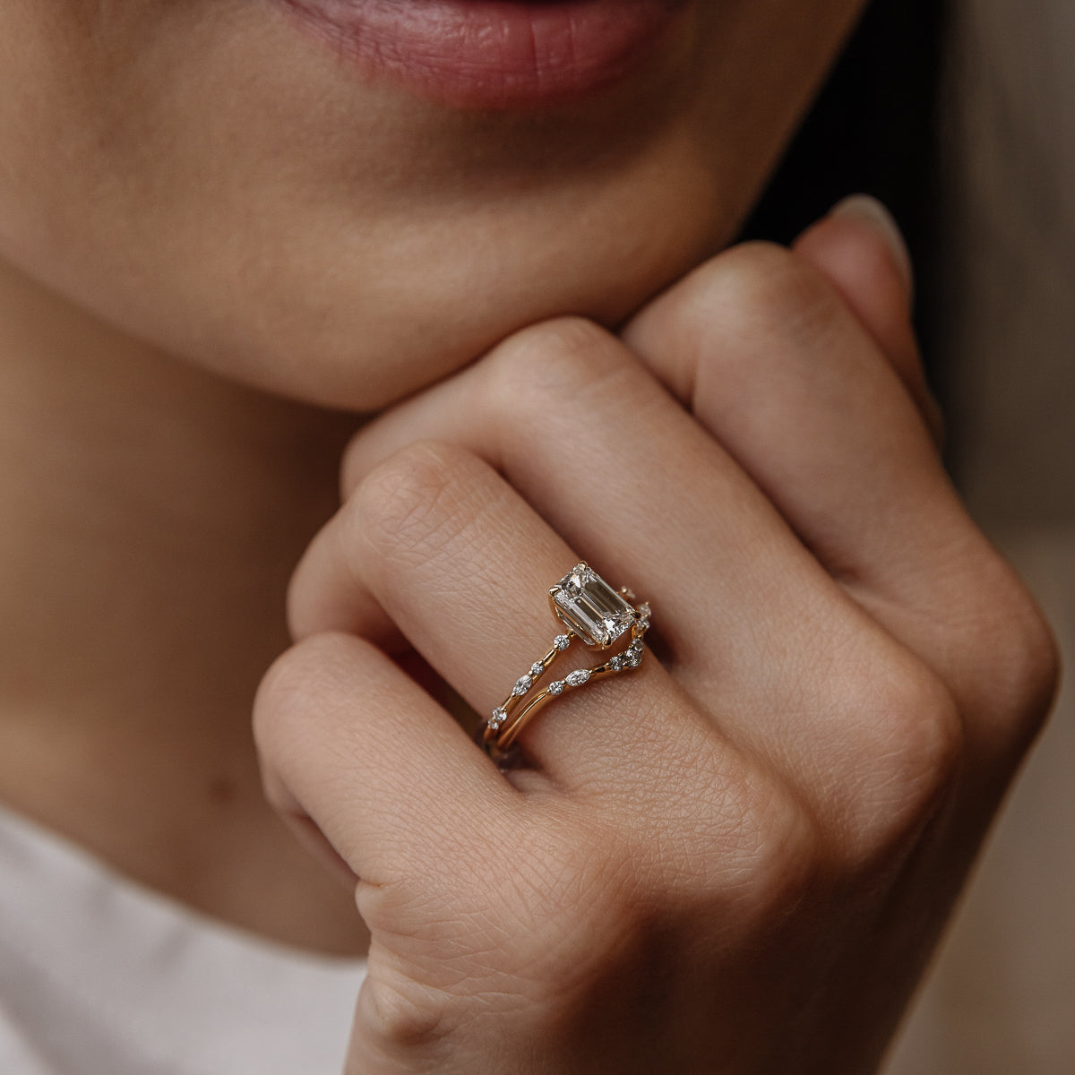 1.01 CT Emerald Dainty Pave Moissanite Engagement Ring