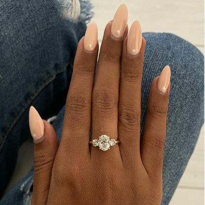 2.1 CT Oval Three Stone Halo Moissanite Engagement Ring