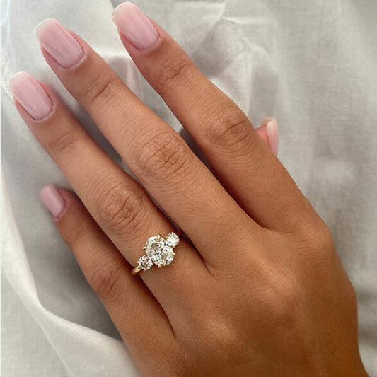 2.1 CT Oval Three Stone Halo Moissanite Engagement Ring