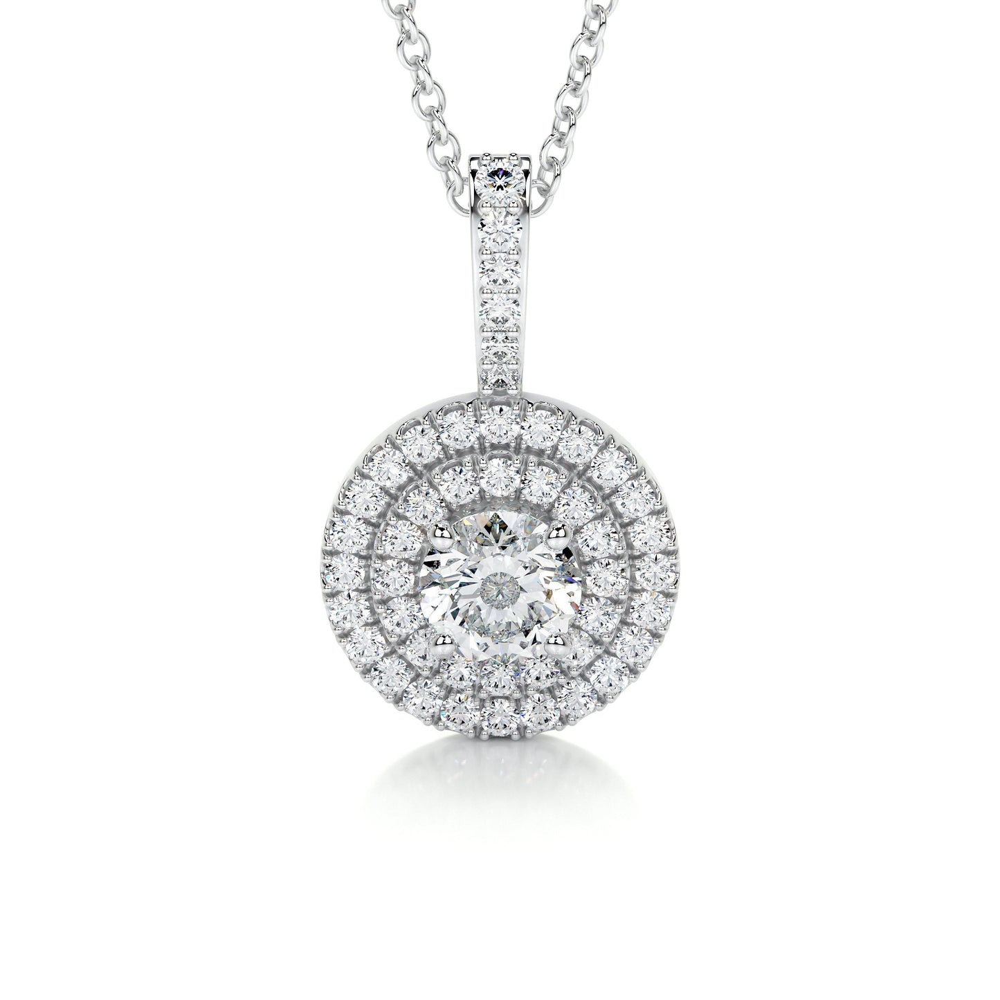 0.95 TCW Round Moissanite Double Halo Pendant Necklace