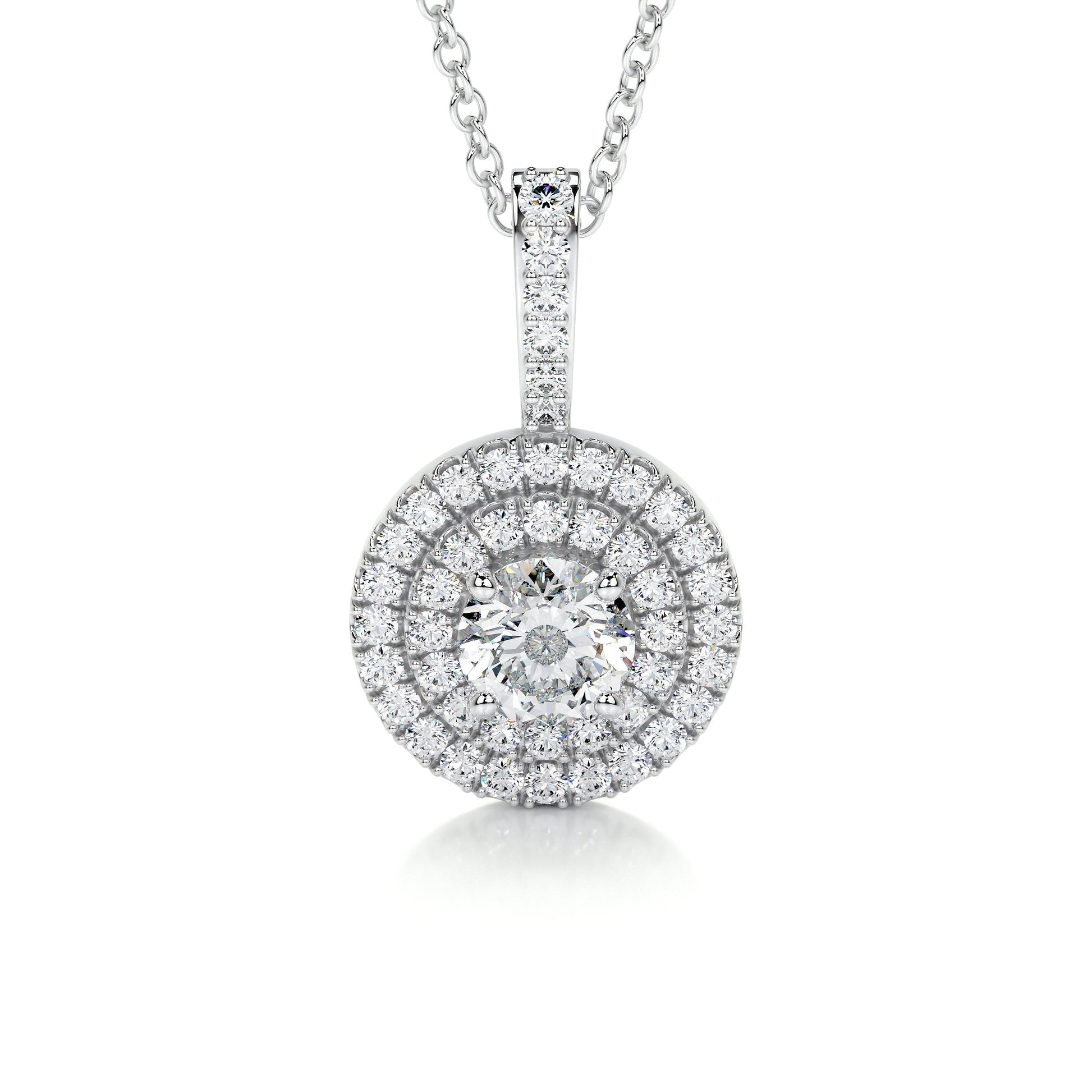0.95 TCW Round Moissanite Double Halo Pendant Necklace